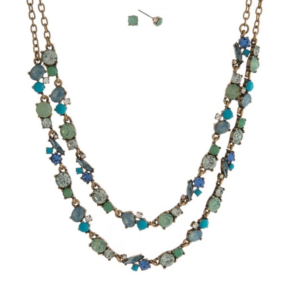 Blue and Green Burnished Gold Tone Necklace Set